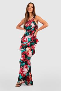 Boohoo Asymmetrische Bloemen Maxi Jurk Met Ruches, Black