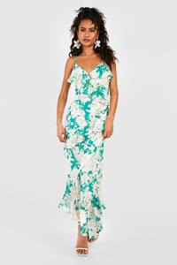 Boohoo Bloemen Maxi Jurk Met Ruches, Green