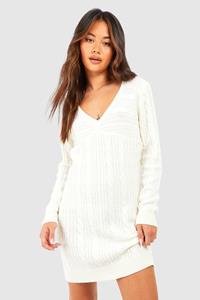 Boohoo Grof Gebreide Mini Jurk, Cream