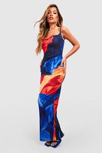 Boohoo Abstracte Plisse Maxi Jurk Met Waterval Hals, Blue