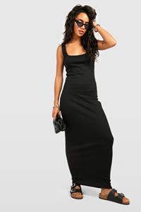 Boohoo Premium Geribbelde Maxi Jurk Met Lage Ronde Hals En Naaddetail, Black