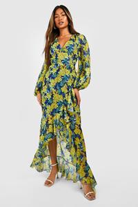 Boohoo Chiffon Bloemen Maxi Jurk Met Franjes, Yellow