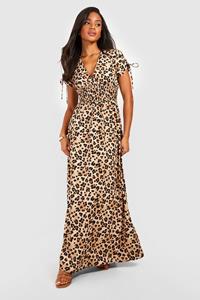 Boohoo Geplooide Luipaardprint Maxi Jurk Met Mouwstrikjes, Brown