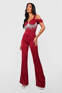 Boohoo Tall Satijnen Jumpsuit Met Zoom Steentjes, Burgundy