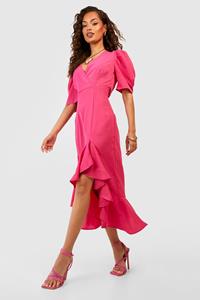 Boohoo Midaxi Jurk Met Ruches, Pofmouwen En Lage Zoom, Pink