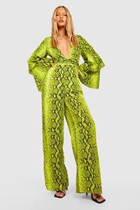 Boohoo Tall Neon Slangenprint Wide Leg Jumpsuit Met Laag Decolleté En Ruches, Lime