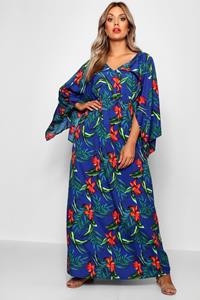 Boohoo Plus Tropische Maxi Jurk Met Kimono Mouwen, Blauw