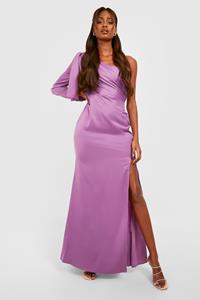 Boohoo Satijnen Gedrapeerde Maxi Jurk Met Eén Blote Schouder, Purple