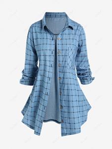 Rosegal Plus Size Plaid Roll Tab Sleeves Tunic Shirt with Pocket