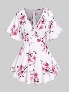 Rosegal Plus Size Floral Back Cutout Butterfly Sleeve Surplice Blouse