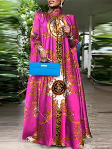 VONDA Plus Size Women Baroque Print Stand Collar Maxi Dress