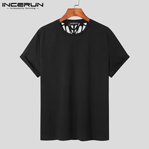 INCERUN Hollout Out Black Tee Tops Heren Zomer O-hals Losse T-shirts met korte mouwen