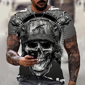 Baibao QIQI Zomer Horror T-shirt Punk Rock Gun Korte Mouw Soldaat Schedel 3D Bedrukt T-shirt Retro Gothic Herenkleding