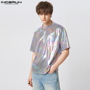 INCERUN Summer Men's Round Neck Wet Look Shiny Short Sleeve Tops