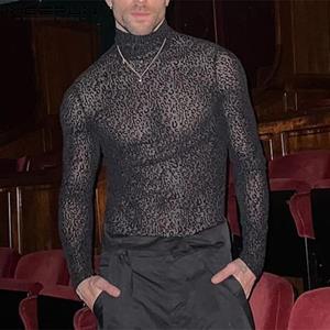 INCERUN Men's Spring Leopard-print Mesh Stretch Turtleneck Clubwear Sheer Top
