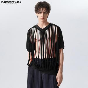 INCERUN Men's Summer Short-Sleeved Knitted V-neck Hollow-outed Top