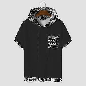 Men Apparel Men Geometric Print Splice Summer Short Sleeve Hooded T Shirts