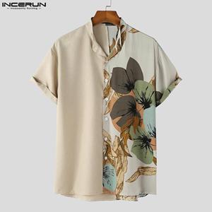 INCERUN Men's Short Sleeve Printed Collarless Shirts Button-up Casual Summer Vacation Tops