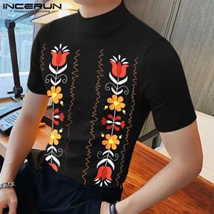 INCERUN Men Print Slim Half High Collar Tops - Hot Sale Seasonal Fashion Occasion Style Comfortable Casual Elastic Long Sleeve Shirt