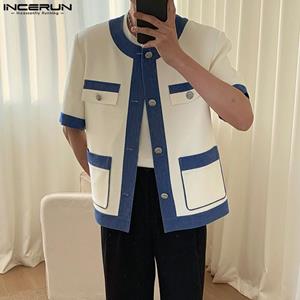 INCERUN Men's Collarless Contrasting Color Button-up Cardigan Tops