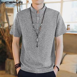 INCERUN Men's Fashion Short Sleeves T-shirt 2022 Summer Chinese Style Shirt Mandarin Collar Retro Casual Tee Tops S-5XL
