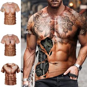 Xin nan zhuang Fashion T Shirt Chest Muscle Tattoo T-shirt for Men's Skin Fake Muscles 3D Printed Short Sleeve Tops Tees Male Oversixed Clothes