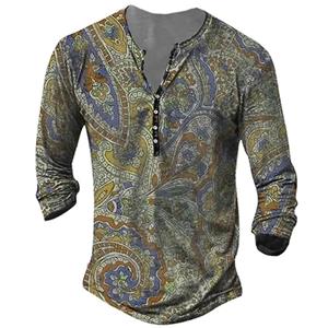 YuTong Fashion Men's Cotton T-shirt Vintage Button Ethnic Pattern Summer 3d Print Tees O Neck Long Sleeve Oversized T-Shirt Male Clothing New