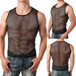 Jiawei Men Sexy Vest See-through Fishnet Summer Round Neck Sleeveless T-shirt Streetwear