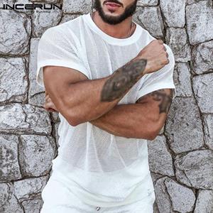 INCERUN Summer Men's Short Sleeve Mesh Solid Color See Through Tops