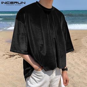 INCERUN Summer Fancy Mens Fashion Pleuche Tee Tops Short Sleeves Loose Wet Look Casual Clubwear T-shirts Plus Size Blouse