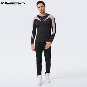 INCERUN Spring Men Round Neck Mesh Patchwork Long Sleeve Party See Through Tee Tops
