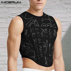 INCERUN Summer Mens Fashion Printed Crop Sexy Short Tank Tops Skinny Fancy Beach Hippie Vests Black Casual Tee Blouse S-5XL