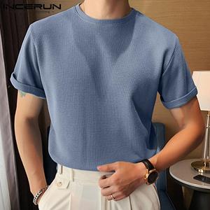 INCERUN Summer Fashion Mens Short Sleeve Basics Shirts Round Neck Breathable Solid Casual Slim Tops S-5XL
