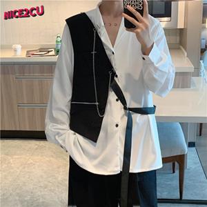 HOUZHOU Harajuku Mens Patchwork Shirt Casual Korean Streetwear Ins Vintage Designer V-neck Vest Top  for Boys College Style