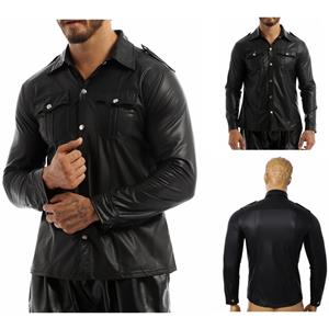 IEFiEL Mannen Faux Lederen Shirts PU Lederen Shirts met lange mouwen Mannen Sexy Fitness Tops Gay Latex Shirts Mens Stage Tops Sexy Party Clubwear