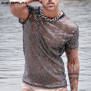 INCERUN S-5XL Summer See Through Men Fitness Sheer Short Sleeve T Shirts Slim Fit Hollow Out Holiday Sport Tee Tops