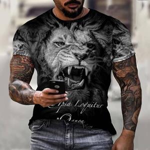 Muzi clothing Men's T-shirt Fashion 2022 New Summer 3D Printing Animal Lion Street Personality Wild Loose Oversize Black Top O Collar