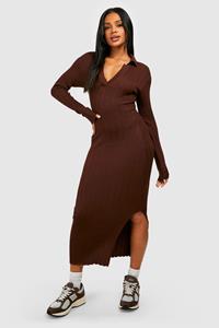 Boohoo Geribbelde Gebreide Midxai Jurk Met Polo Kraag, Brown