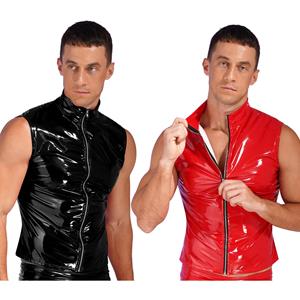 Aislor Mens Wet Look Patent Leather Shiny Zipper Sleeveless Tank Tops for Pole Dance Rave Outfit