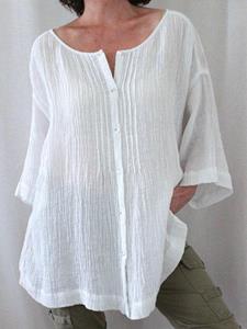 Newchic Women Plain Texture Button Front Cotton Drop Shoulder Blouse