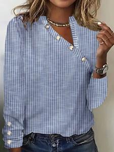 Newchic Women Striped Button Design Cotton Long Sleeve Blouse