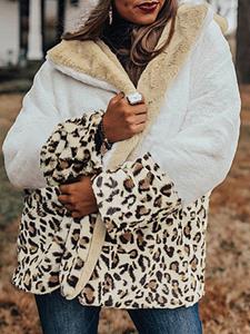 BERRYLOOK Casual Leopard-Painted Lapel Plush Thermal Long-Sleeve Coat