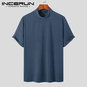 INCERUN Summer Men High Neck Short Sleeve Basics T Shirts Slim Fit Solid Color Comfy Casual Loose Undershirts Tee Tops Plus Size