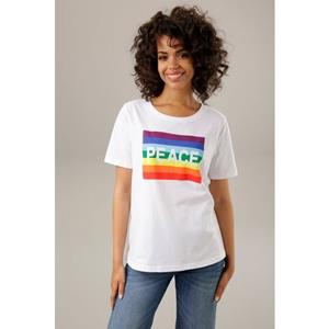 Aniston CASUAL T-Shirt, Frontdruck mit Regenbogen und PEACE-Schriftzug - NEUE KOLLEKTION