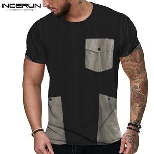 INCERUN Summer Men O Neck Short Sleeve T-Shirt Casual Loose Tops with Big Pockets Male Tops Tee