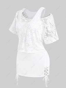 Rosegal Plus Size Sheer Lace Blouse and Racerback Lace Up Tank Top Set