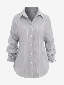 Rosegal Plus Size Front Pocket Striped Buttons Shirred Cuffs Lapel Shirt