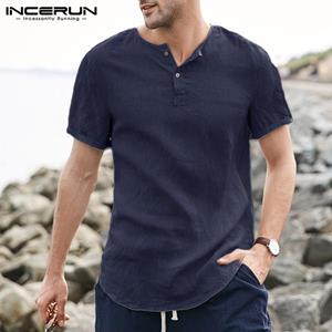 INCERUN Summer Basic Cotton Shirts Men's Casual Collarless Short Sleeves Button Up