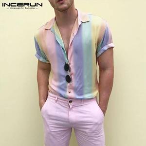INCERUN Men Summer Loose Printed Short Sleeve Colorful Tops Shirts