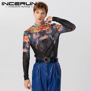 INCERUN Men's Long Sleeve Slim Fit Printed Mesh Shirts Mockneck Transparent Tops